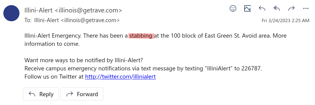A warning mail of stabbing alert